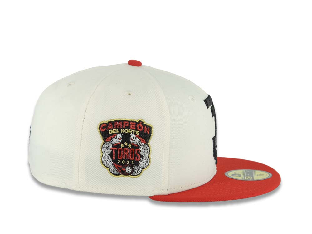 Tijuana Toros New Era LMB 59FIFTY 5950 Fitted Cap Hat Cream Crown Red Visor Black Logo 2021 Champeon Del Norte Side Patch