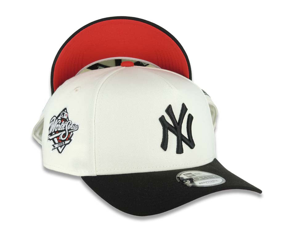 New York Yankees New Era MLB 9FORTY 940 Adjustable A-Frame Cap Hat Cream Crown Black Visor Black Logo 1998 World Series Side Patch Red UV
