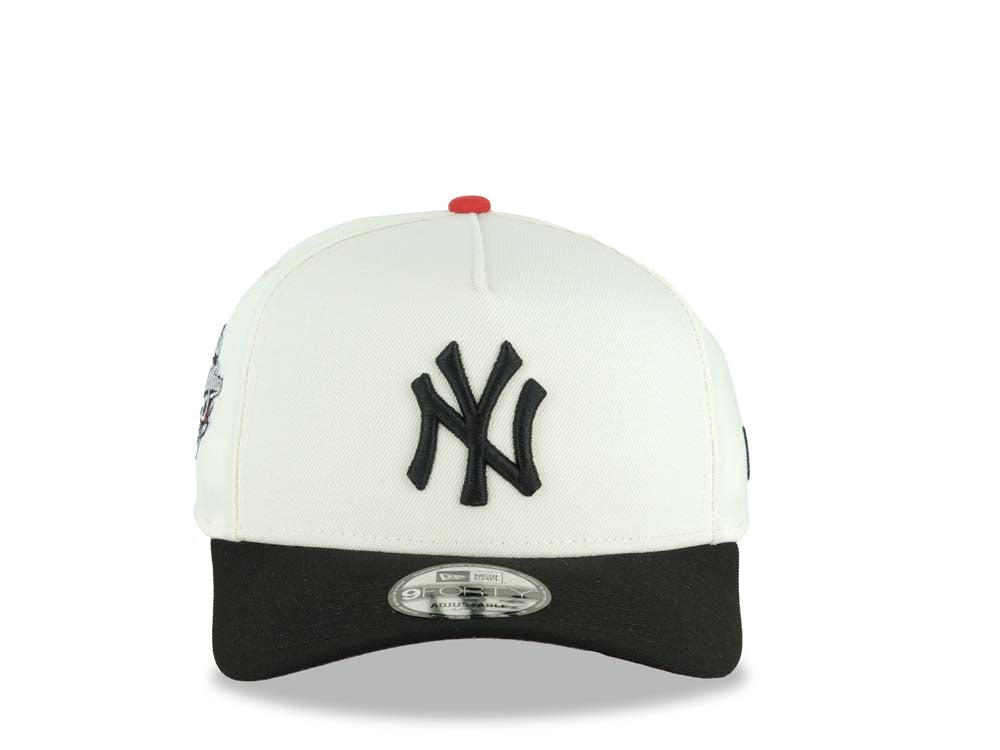 New York Yankees New Era MLB 9FORTY 940 Adjustable A-Frame Cap Hat Cream Crown Black Visor Black Logo 1998 World Series Side Patch Red UV
