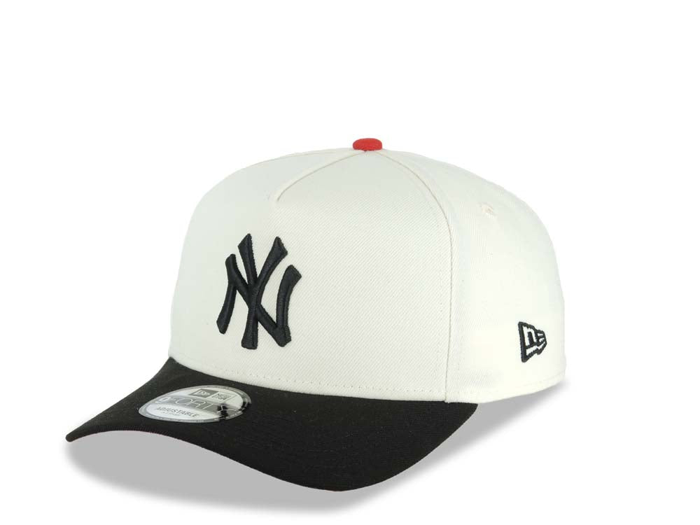New York Yankees New Era MLB 9FORTY 940 Adjustable A-Frame Cap Hat Cream Crown Black Visor Black Logo 1998 World Series Side Patch Red UV
