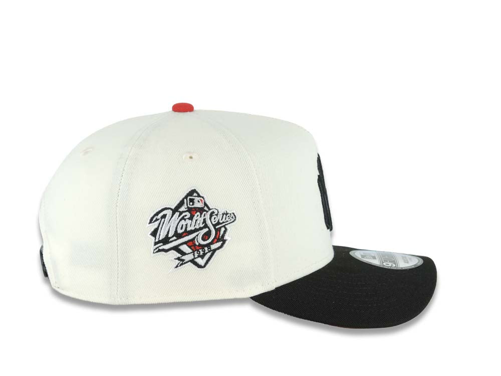 New York Yankees New Era MLB 9FORTY 940 Adjustable A-Frame Cap Hat Cream Crown Black Visor Black Logo 1998 World Series Side Patch Red UV