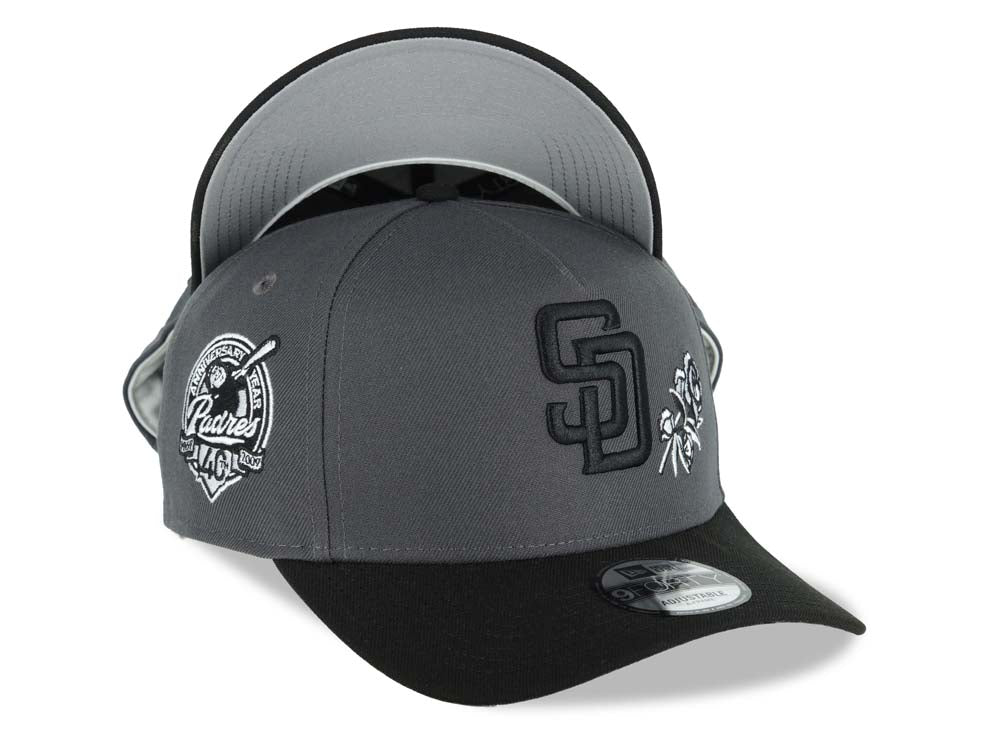 San Diego Padres New Era MLB 9FORTY 940 Adjustable A-Frame Cap Hat Dark Gray Crown Black Visor Black Logo With White Rose 40th Anniversary Side Patch
