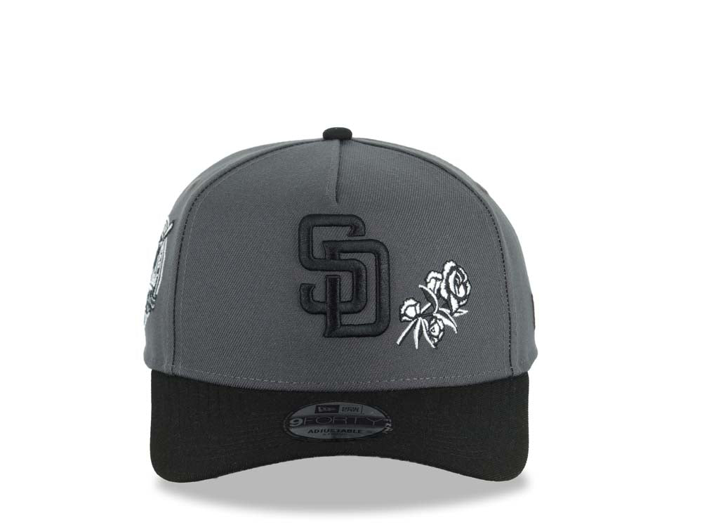 San Diego Padres New Era MLB 9FORTY 940 Adjustable A-Frame Cap Hat Dark Gray Crown Black Visor Black Logo With White Rose 40th Anniversary Side Patch