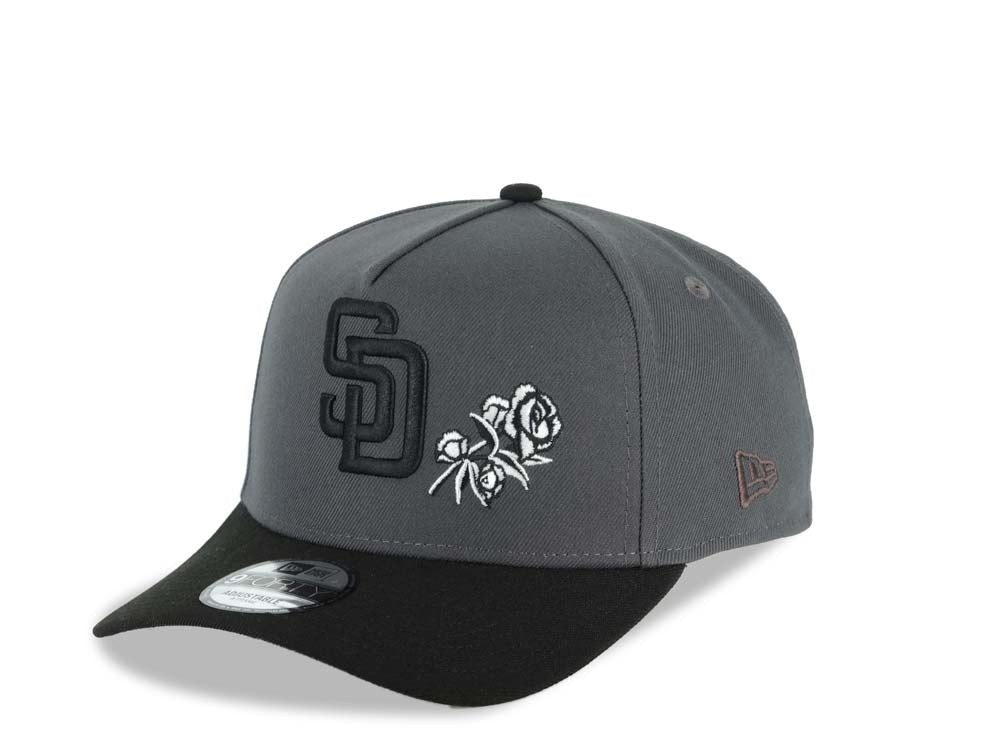 San Diego Padres New Era MLB 9FORTY 940 Adjustable A-Frame Cap Hat Dark Gray Crown Black Visor Black Logo With White Rose 40th Anniversary Side Patch