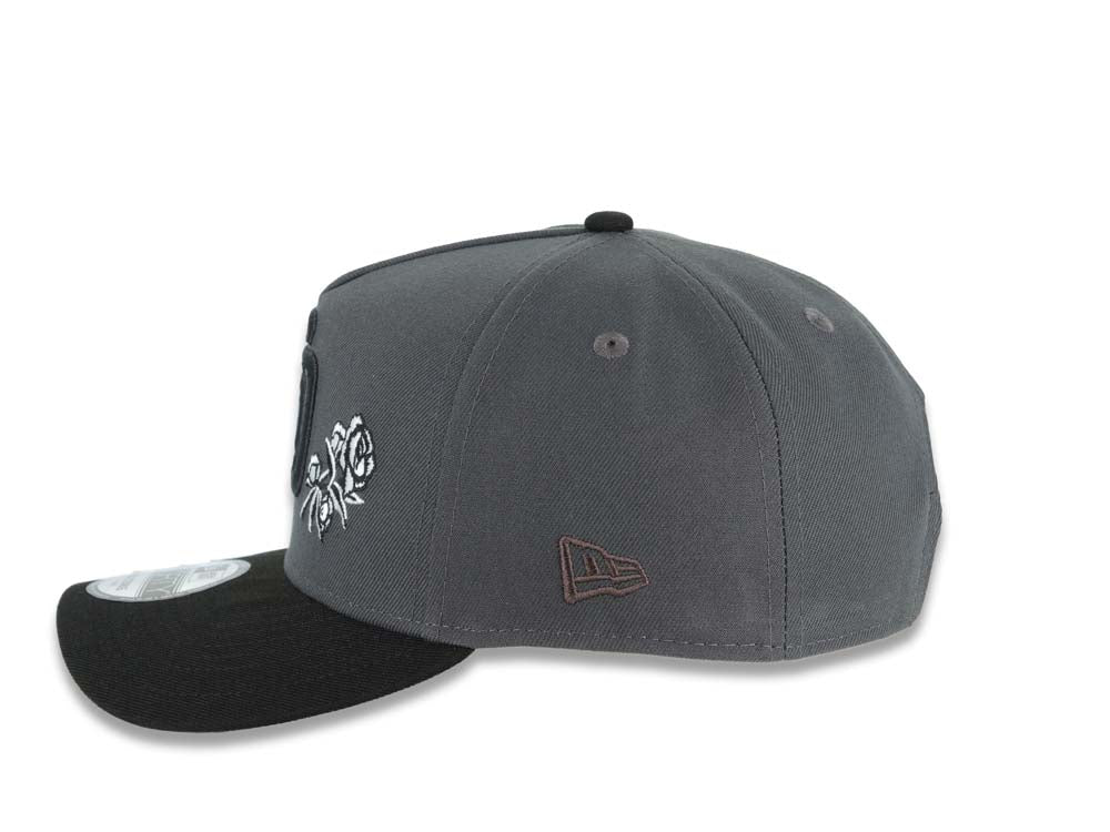 San Diego Padres New Era MLB 9FORTY 940 Adjustable A-Frame Cap Hat Dark Gray Crown Black Visor Black Logo With White Rose 40th Anniversary Side Patch