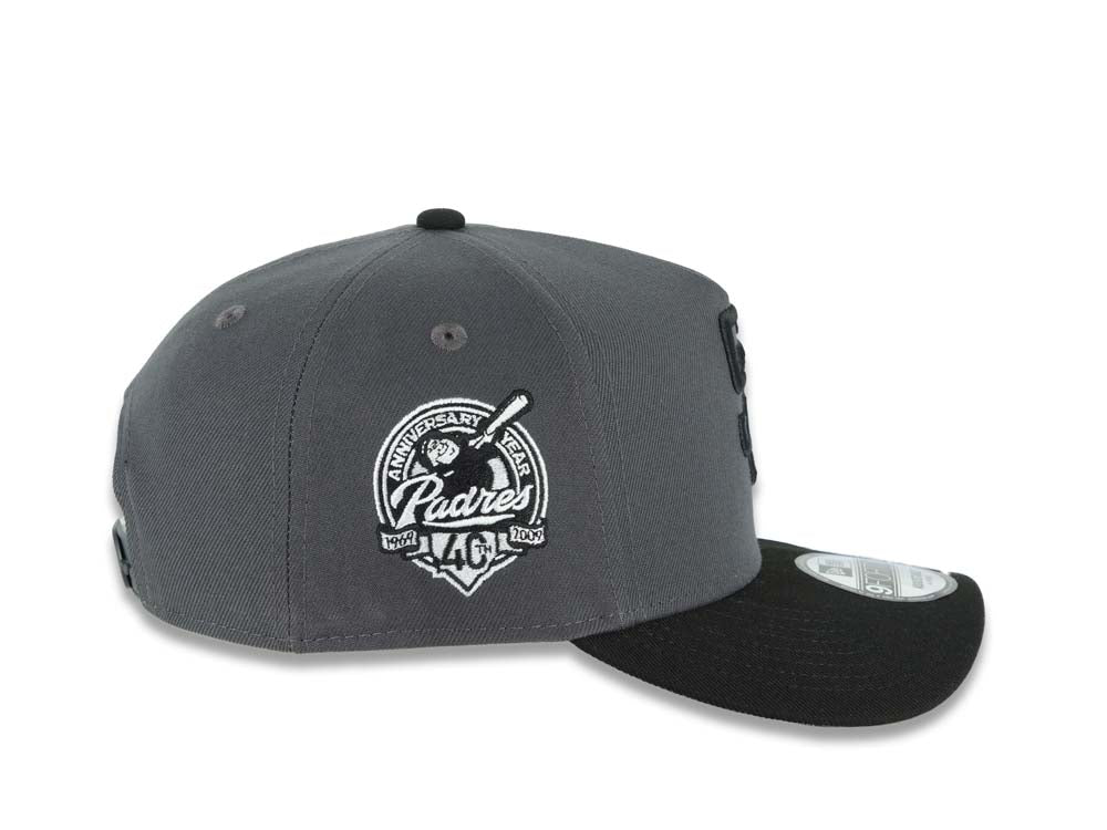 San Diego Padres New Era MLB 9FORTY 940 Adjustable A-Frame Cap Hat Dark Gray Crown Black Visor Black Logo With White Rose 40th Anniversary Side Patch