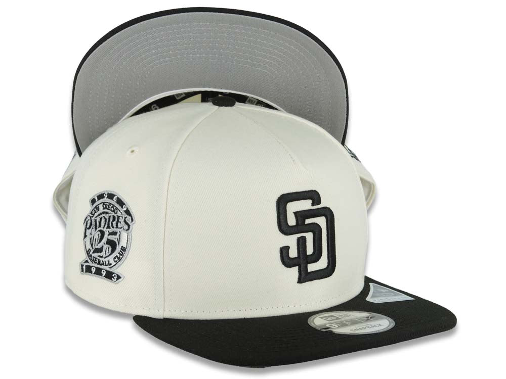 San Diego Padres New Era MLB 9FIFTY 950 A-Frame Snapback Cap Hat Cream Crown Black Visor Black Logo 25th Anniversary Side Patch