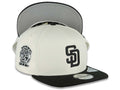 San Diego Padres New Era MLB 9FIFTY 950 A-Frame Snapback Cap Hat Cream Crown Black Visor Black Logo 25th Anniversary Side Patch
