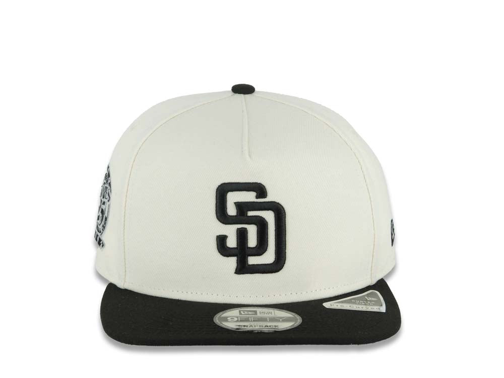 San Diego Padres New Era MLB 9FIFTY 950 A-Frame Snapback Cap Hat Cream Crown Black Visor Black Logo 25th Anniversary Side Patch