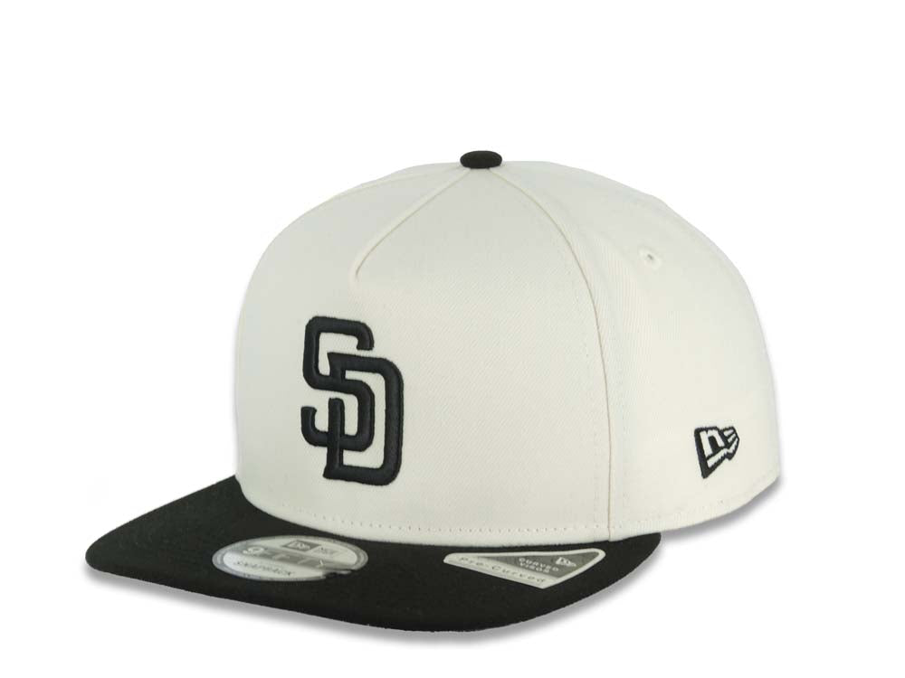 San Diego Padres New Era MLB 9FIFTY 950 A-Frame Snapback Cap Hat Cream Crown Black Visor Black Logo 25th Anniversary Side Patch
