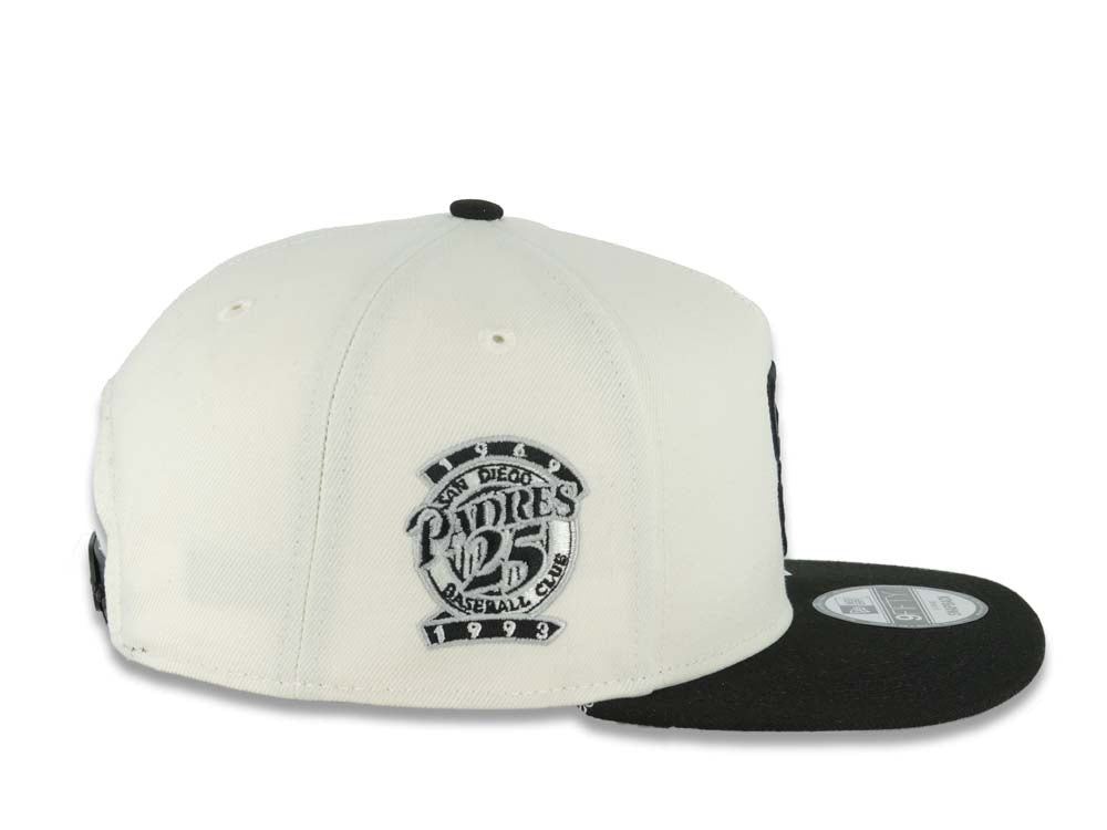 San Diego Padres New Era MLB 9FIFTY 950 A-Frame Snapback Cap Hat Cream Crown Black Visor Black Logo 25th Anniversary Side Patch