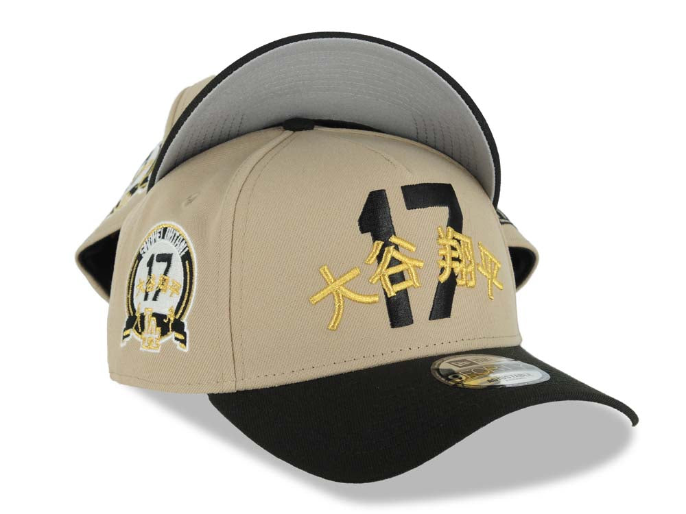 Los Angeles Dodgers New Era MLB 9FORTY 940 A-Frame Adjustable Cap Hat Khaki Crown Black Visor Black/Metallic Gold Script/Text Logo Shohei Ohtani 17 Side Patch