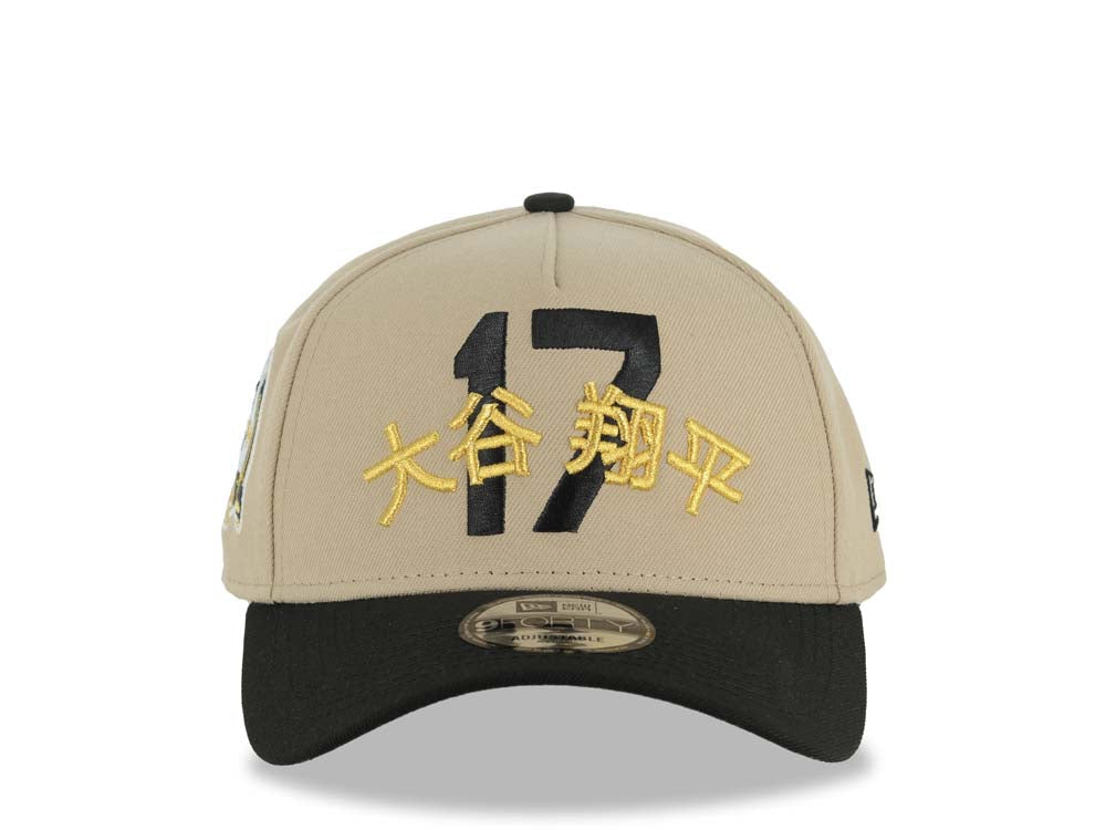 Los Angeles Dodgers New Era MLB 9FORTY 940 A-Frame Adjustable Cap Hat Khaki Crown Black Visor Black/Metallic Gold Script/Text Logo Shohei Ohtani 17 Side Patch