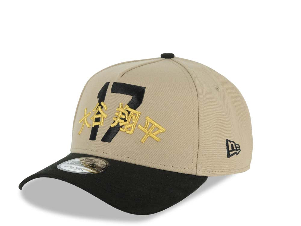 Los Angeles Dodgers New Era MLB 9FORTY 940 A-Frame Adjustable Cap Hat Khaki Crown Black Visor Black/Metallic Gold Script/Text Logo Shohei Ohtani 17 Side Patch