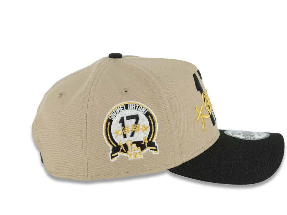 Los Angeles Dodgers New Era MLB 9FORTY 940 A-Frame Adjustable Cap Hat Khaki Crown Black Visor Black/Metallic Gold Script/Text Logo Shohei Ohtani 17 Side Patch