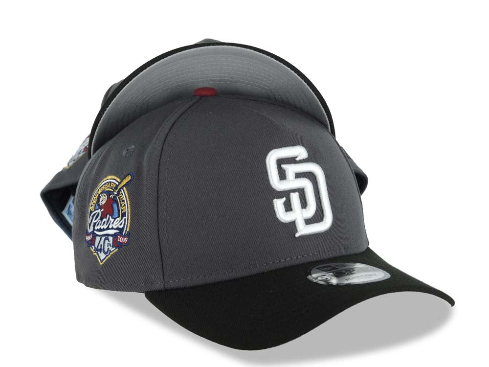 San Diego Padres New Era MLB 9FORTY 940 A-Frame Adjustable Cap Hat Dark Gray Crown Black Visor White Logo 40th Anniversary Side Patch