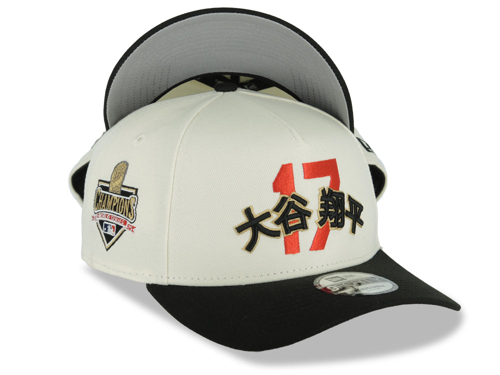 Los Angeles Dodgers New Era MLB 9FORTY 940 A-Frame Adjustable Cap Hat Cream Crown Black Visor Red/Metallic Gold/Black 17 Japan Text Logo 2025 World Series Champions Patch