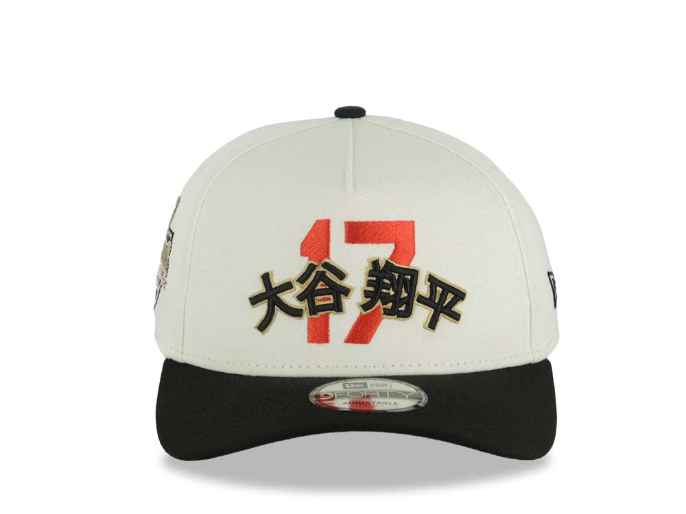 Los Angeles Dodgers New Era MLB 9FORTY 940 A-Frame Adjustable Cap Hat Cream Crown Black Visor Red/Metallic Gold/Black 17 Japan Text Logo 2025 World Series Champions Patch