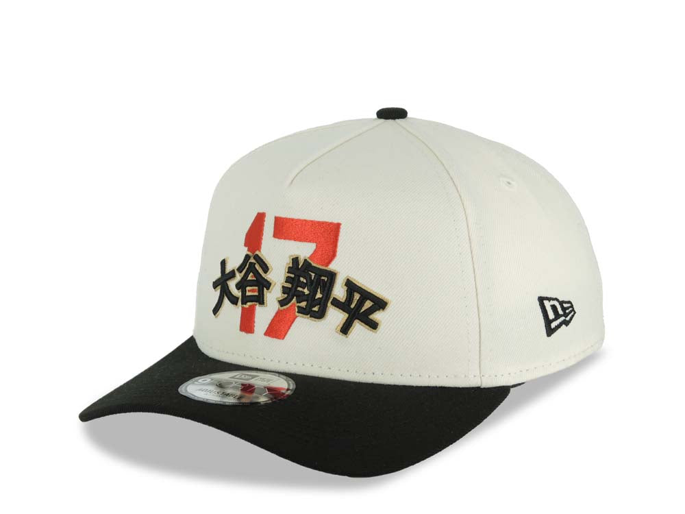 Los Angeles Dodgers New Era MLB 9FORTY 940 A-Frame Adjustable Cap Hat Cream Crown Black Visor Red/Metallic Gold/Black 17 Japan Text Logo 2025 World Series Champions Patch