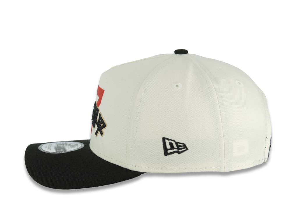 Los Angeles Dodgers New Era MLB 9FORTY 940 A-Frame Adjustable Cap Hat Cream Crown Black Visor Red/Metallic Gold/Black 17 Japan Text Logo 2025 World Series Champions Patch