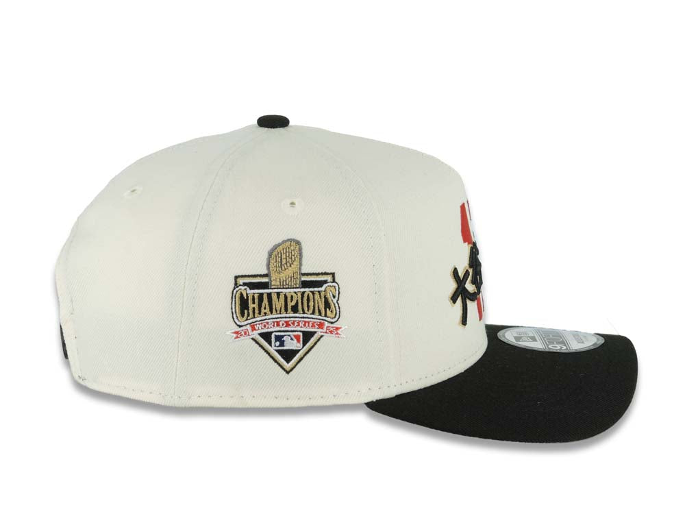 Los Angeles Dodgers New Era MLB 9FORTY 940 A-Frame Adjustable Cap Hat Cream Crown Black Visor Red/Metallic Gold/Black 17 Japan Text Logo 2025 World Series Champions Patch