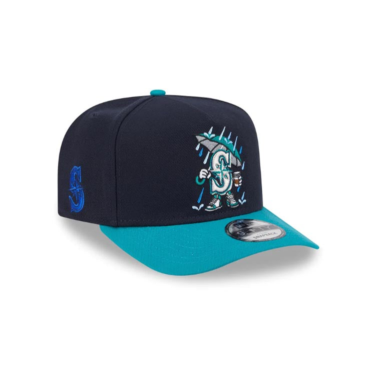 Seattle Mariners New Era MLB 9FORTY 940 Snapback A-Frame Cap Hat Navy Blue Crown Teal Visor Team Color Logo Rain Cartoon