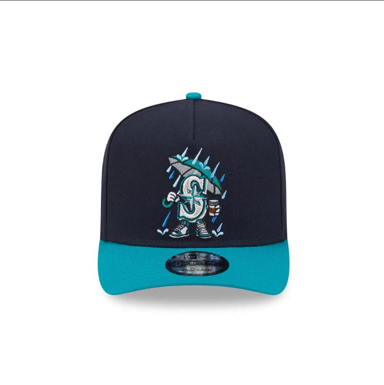 Seattle Mariners New Era MLB 9FORTY 940 Snapback A-Frame Cap Hat Navy Blue Crown Teal Visor Team Color Logo Rain Cartoon