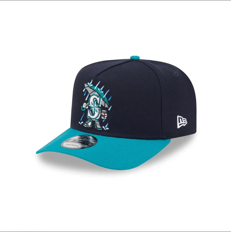 Seattle Mariners New Era MLB 9FORTY 940 Snapback A-Frame Cap Hat Navy Blue Crown Teal Visor Team Color Logo Rain Cartoon