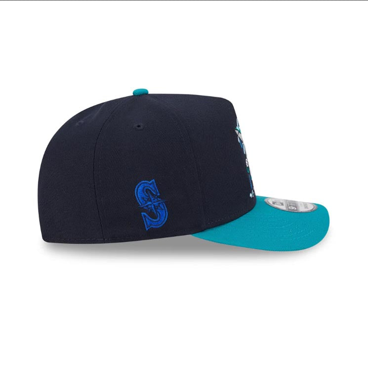 Seattle Mariners New Era MLB 9FORTY 940 Snapback A-Frame Cap Hat Navy Blue Crown Teal Visor Team Color Logo Rain Cartoon