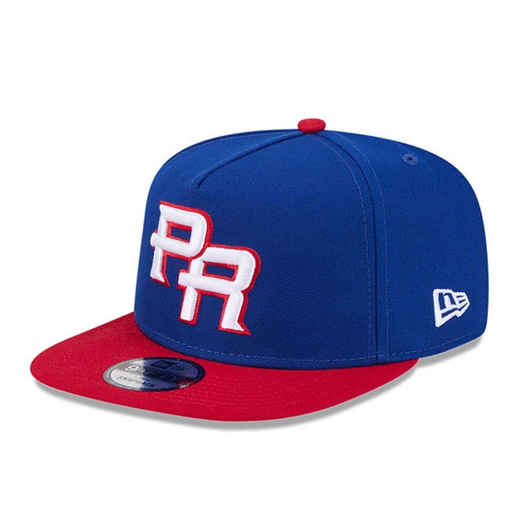 Puerto Rico New Era WBC World Baseball Classic 9FIFTY 950 Snapback A-Frame Cap Hat Royal Blue Crown Red Visor Team Color Logo Puerto Rico Flag Side Patch