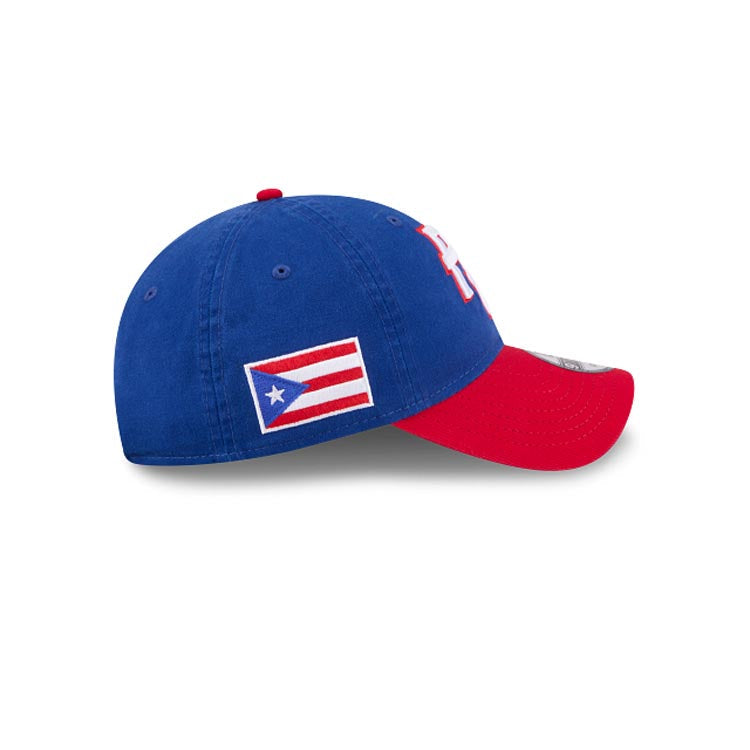 Puerto Rico New Era WBC World Baseball Classic 9TWENTY 920 Adjustable Cap Hat Royal Blue Crown Red Visor Team Color Logo Puerto Rico Flag Side Patch