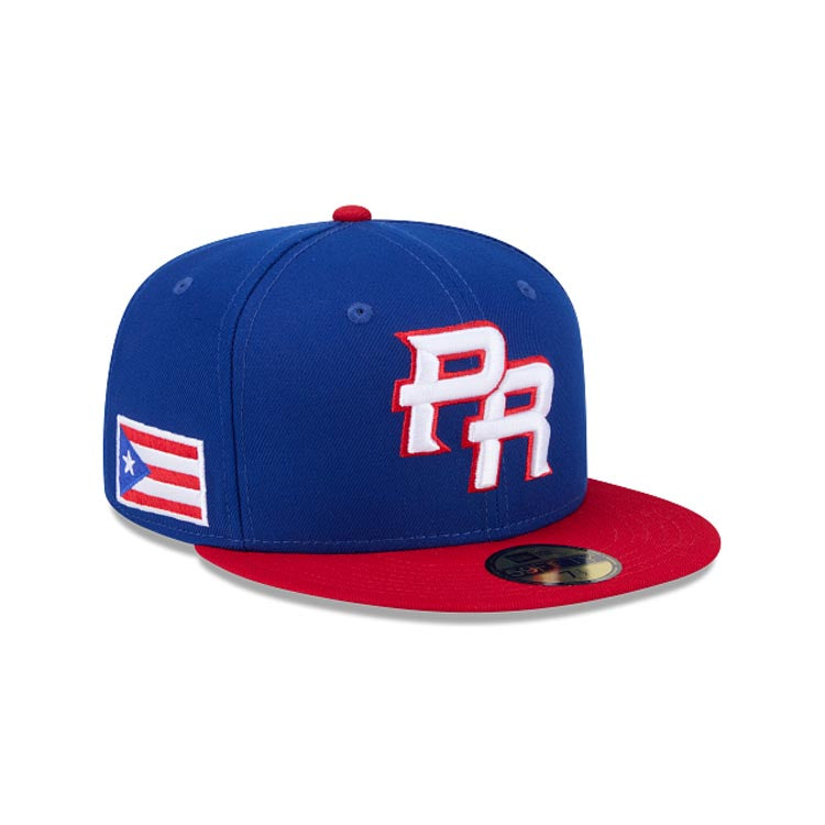 Puerto Rico New Era WBC World Baseball Classic 59FIFTY 5950 Fitted Cap Hat Royal Blue Crown Red Visor Team Color Logo Puerto Rico Flag Side Patch