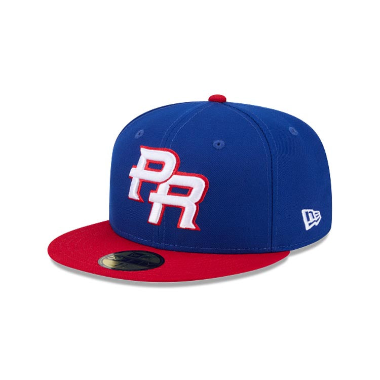 Puerto Rico New Era WBC World Baseball Classic 59FIFTY 5950 Fitted Cap Hat Royal Blue Crown Red Visor Team Color Logo Puerto Rico Flag Side Patch