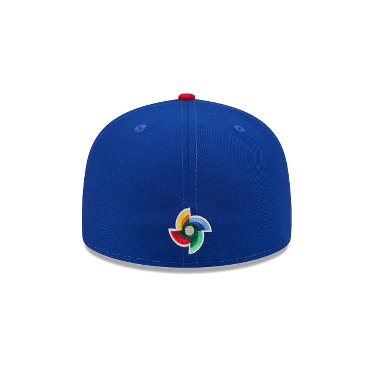 Puerto Rico New Era WBC World Baseball Classic 59FIFTY 5950 Fitted Cap Hat Royal Blue Crown Red Visor Team Color Logo Puerto Rico Flag Side Patch