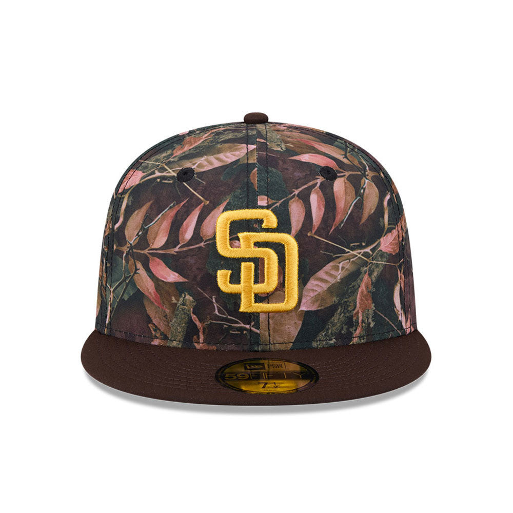 San Diego Padres New Era MLB 59FIFTY 5950 Fitted Cap Hat Leaves Camo Crown Brown Visor Yellow Logo 50th Anniversary Side Patch