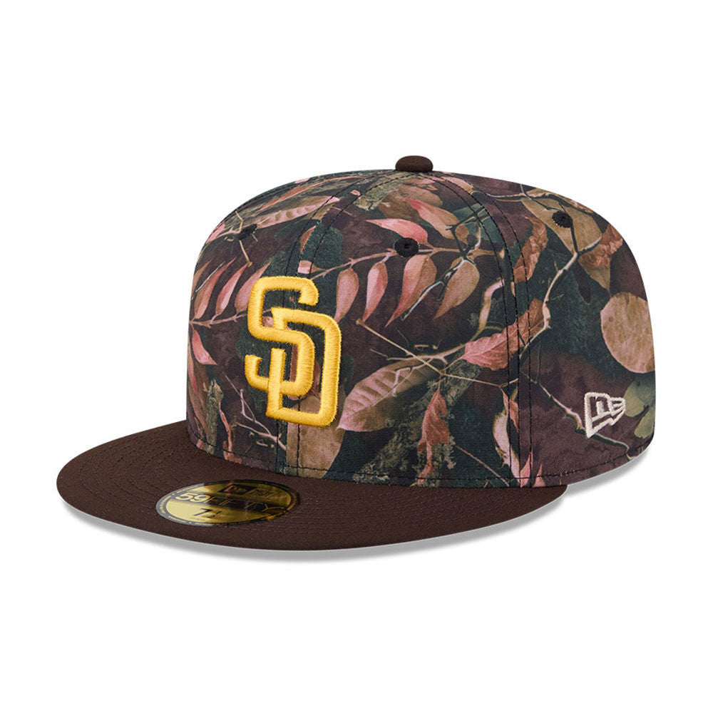 San Diego Padres New Era MLB 59FIFTY 5950 Fitted Cap Hat Leaves Camo Crown Brown Visor Yellow Logo 50th Anniversary Side Patch