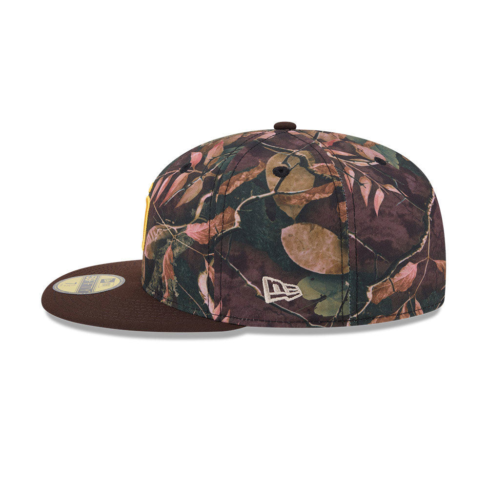 San Diego Padres New Era MLB 59FIFTY 5950 Fitted Cap Hat Leaves Camo Crown Brown Visor Yellow Logo 50th Anniversary Side Patch