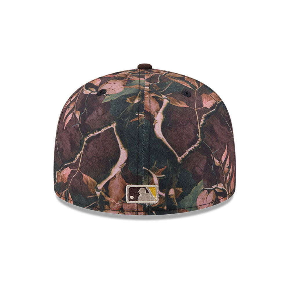 San Diego Padres New Era MLB 59FIFTY 5950 Fitted Cap Hat Leaves Camo Crown Brown Visor Yellow Logo 50th Anniversary Side Patch