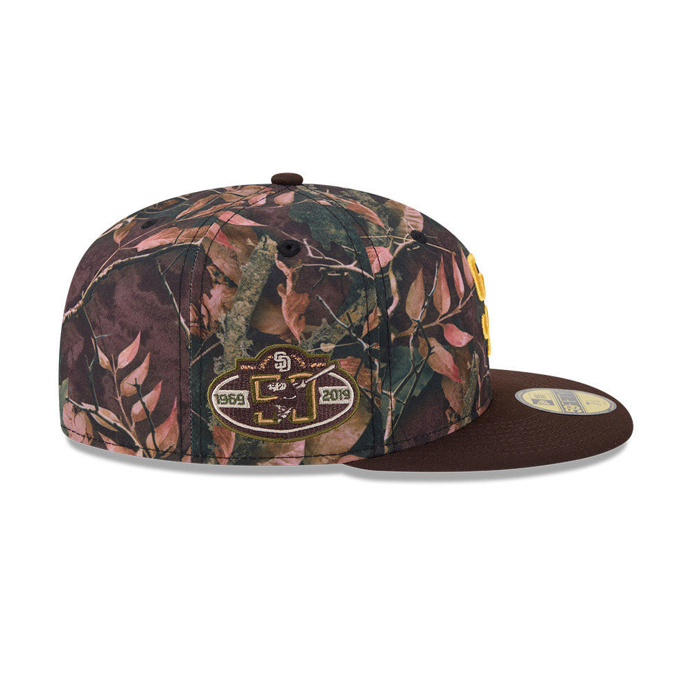 San Diego Padres New Era MLB 59FIFTY 5950 Fitted Cap Hat Leaves Camo Crown Brown Visor Yellow Logo 50th Anniversary Side Patch