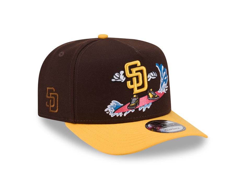 San Diego Padres New Era MLB 9FIFTY 950 A-Frame Snapback Cap Hat Brown Crown Yellow Visor Yellow Logo With Surfing Cartoon