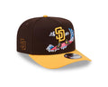 San Diego Padres New Era MLB 9FIFTY 950 A-Frame Snapback Cap Hat Brown Crown Yellow Visor Yellow Logo With Surfing Cartoon