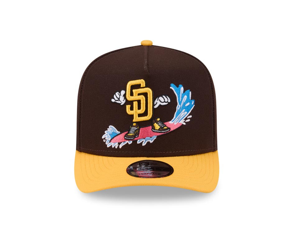 San Diego Padres New Era MLB 9FIFTY 950 A-Frame Snapback Cap Hat Brown Crown Yellow Visor Yellow Logo With Surfing Cartoon