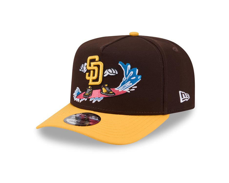 San Diego Padres New Era MLB 9FIFTY 950 A-Frame Snapback Cap Hat Brown Crown Yellow Visor Yellow Logo With Surfing Cartoon