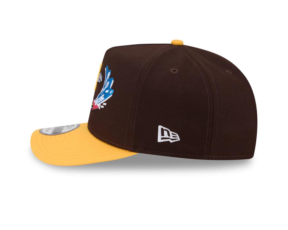 San Diego Padres New Era MLB 9FIFTY 950 A-Frame Snapback Cap Hat Brown Crown Yellow Visor Yellow Logo With Surfing Cartoon