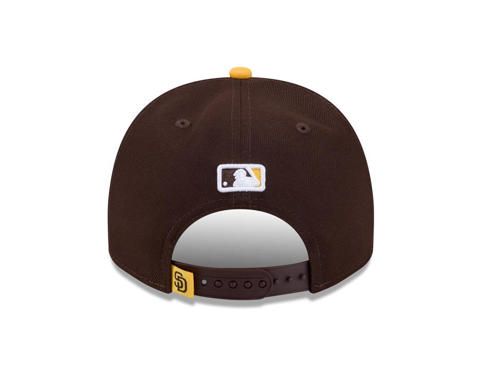 San Diego Padres New Era MLB 9FIFTY 950 A-Frame Snapback Cap Hat Brown Crown Yellow Visor Yellow Logo With Surfing Cartoon