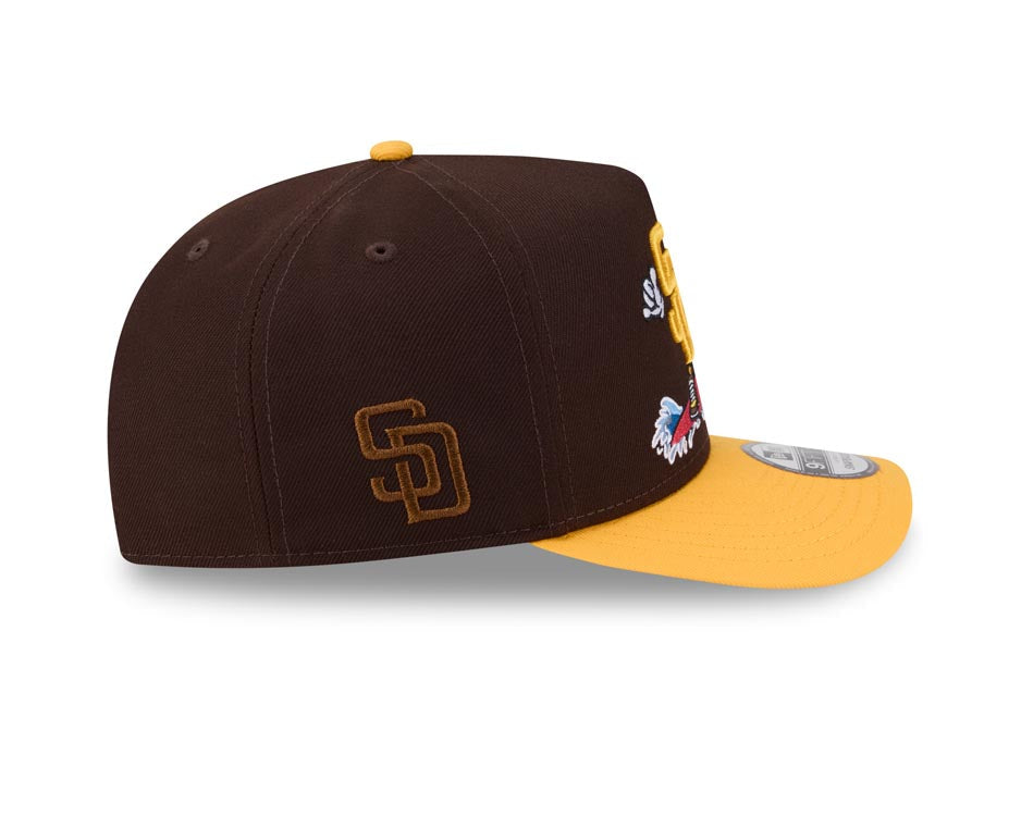 San Diego Padres New Era MLB 9FIFTY 950 A-Frame Snapback Cap Hat Brown Crown Yellow Visor Yellow Logo With Surfing Cartoon