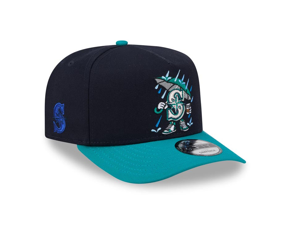 Seattle Mariners New Era MLB 9FORTY 940 A-Frame Snapback Cap Hat Navy Blue Crown Teal Visor Team Color Logo With Raining Cartoon