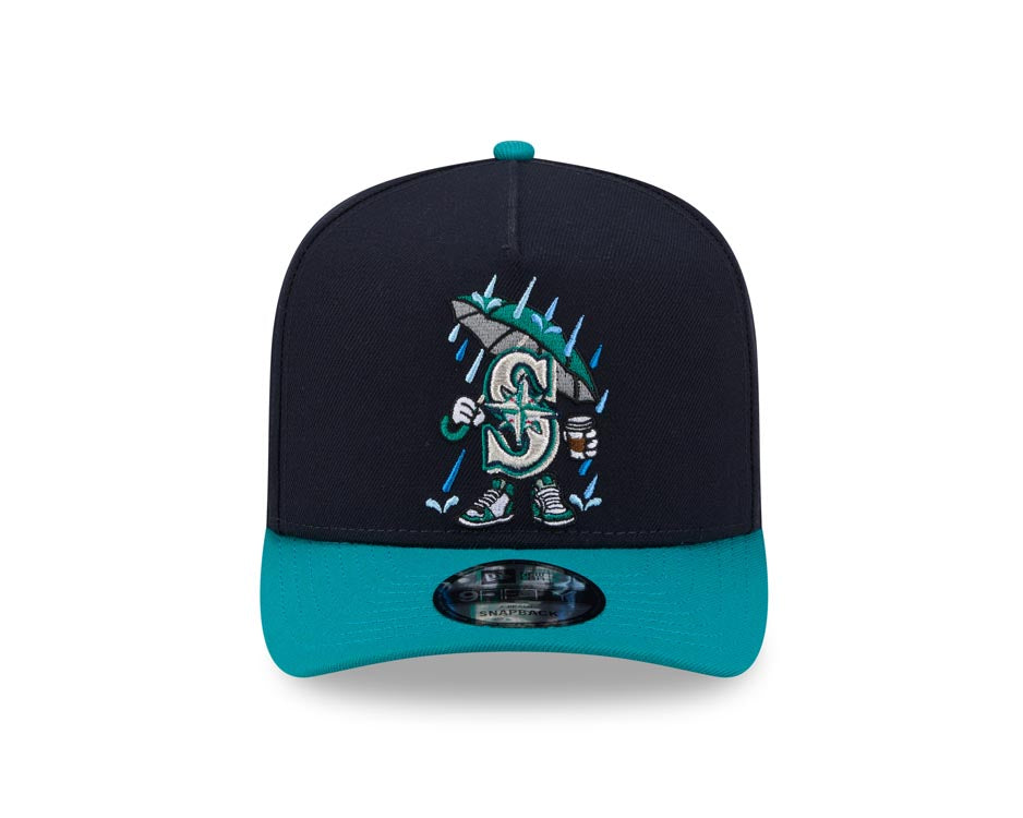 Seattle Mariners New Era MLB 9FORTY 940 A-Frame Snapback Cap Hat Navy Blue Crown Teal Visor Team Color Logo With Raining Cartoon