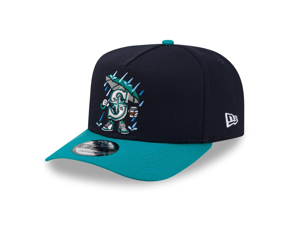 Seattle Mariners New Era MLB 9FORTY 940 A-Frame Snapback Cap Hat Navy Blue Crown Teal Visor Team Color Logo With Raining Cartoon