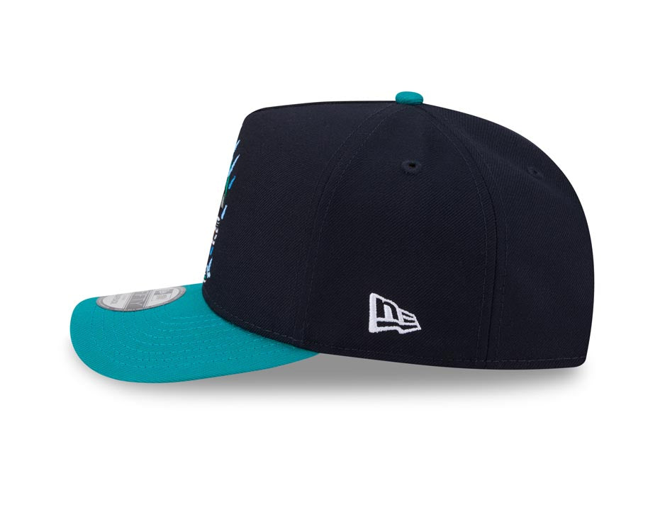 Seattle Mariners New Era MLB 9FORTY 940 A-Frame Snapback Cap Hat Navy Blue Crown Teal Visor Team Color Logo With Raining Cartoon